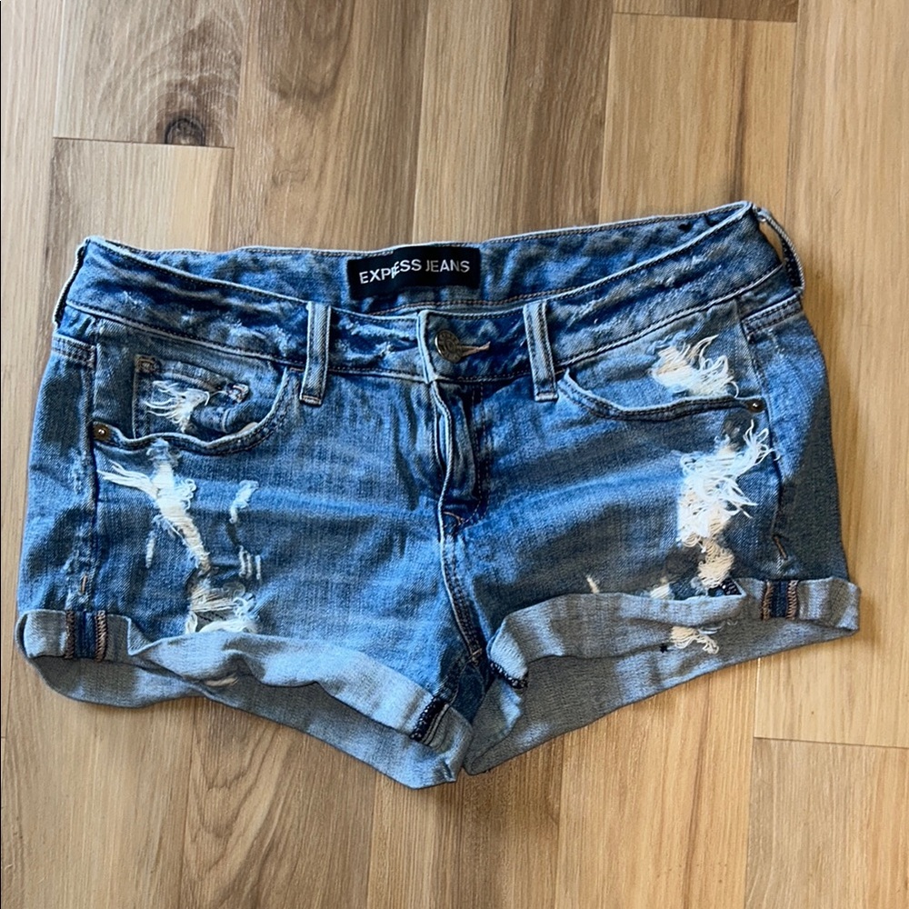 Express Blue Distressed Jean Shorts with Rolled Hems